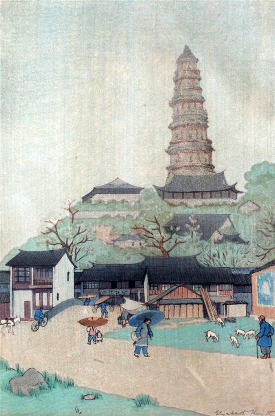 § Elizabeth Keith (1887-1956) Leaning pagoda at Soochow, China, 14.75 x 10in.